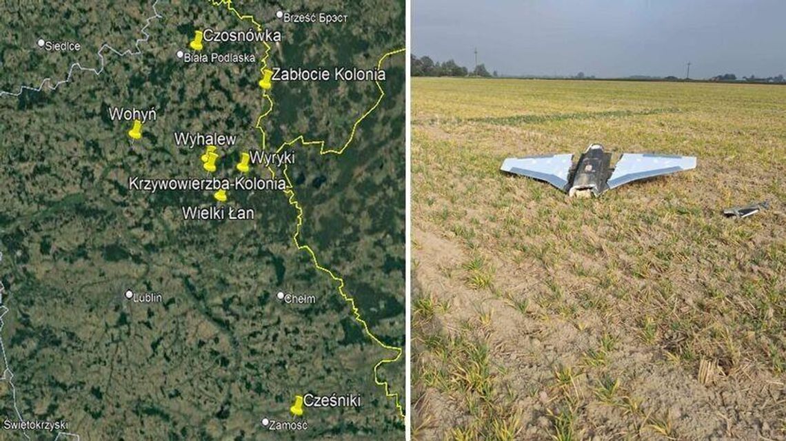 To tutaj spadły drony. Jeden wleciał prawie 300 km w głąb Polski