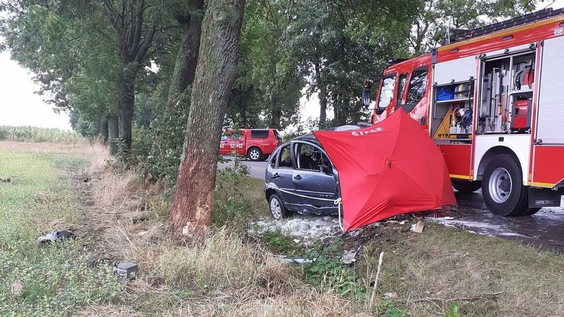 Tragedia na drodze. Citroen uderzył w drzewo i stanął w ogniu