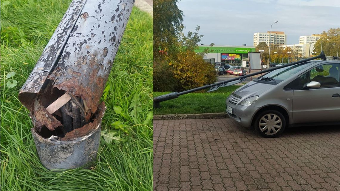 Wiatr tak silny, że złamał latarnię. "Skutek obsikiwania przez pieski" Wiatr tak silny, że złamał latarnię. "Skutek obsikiwania przez pieski"