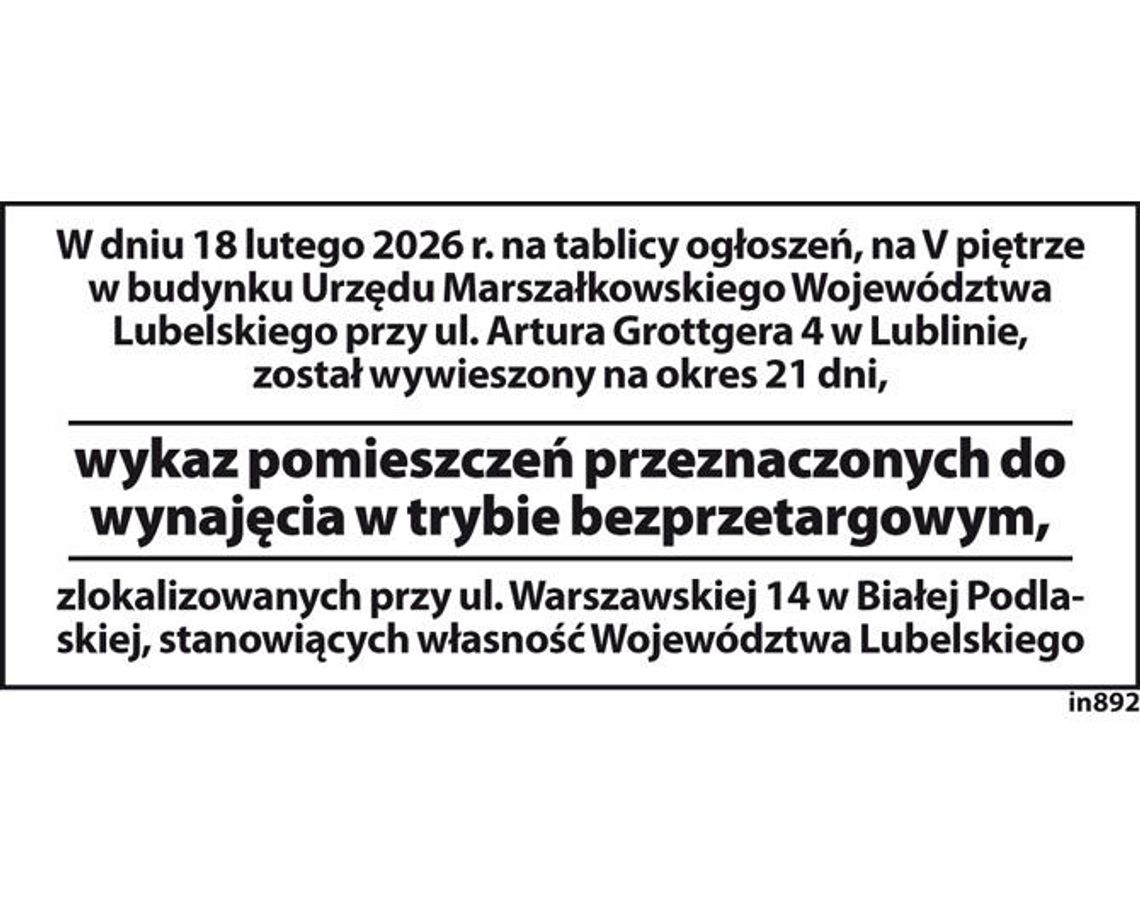 wykaz pomieszczeń przeznaczonych do wynajęcia w trybie bezprzetargowym