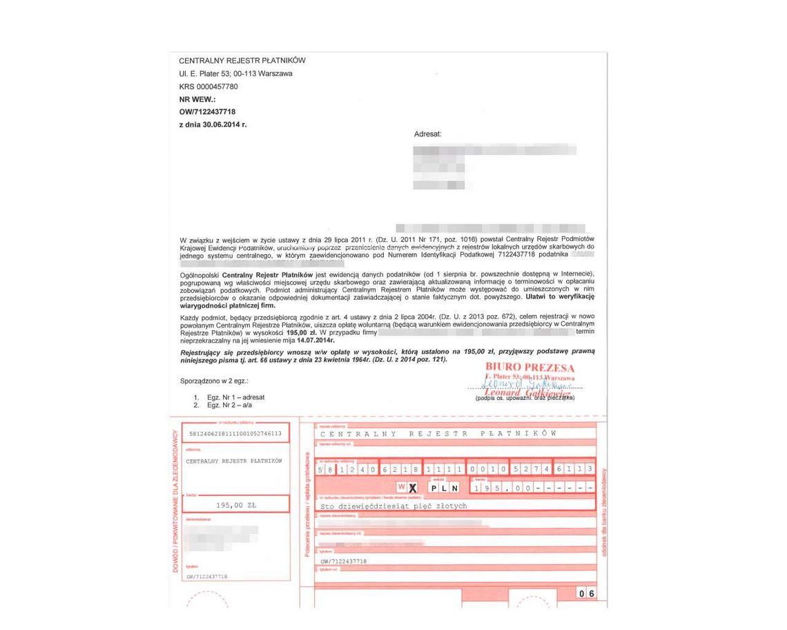 Wyłudzają pieniądze od firm za "wpis do Centralnego Rejestru Płatników" Wyłudzają pieniądze od firm za "wpis do Centralnego Rejestru Płatników"