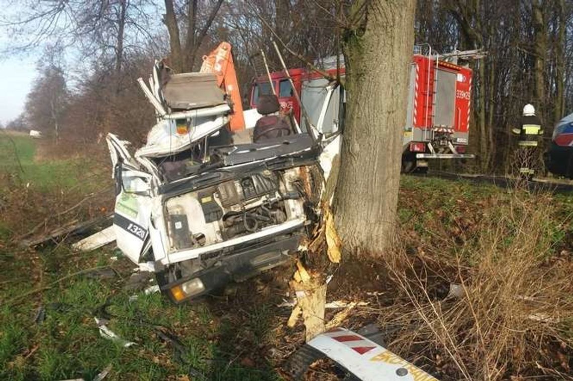 Wypadek w Piotrawinie. Ciężarówka rozbiła się na drzewie [zdjęcia]