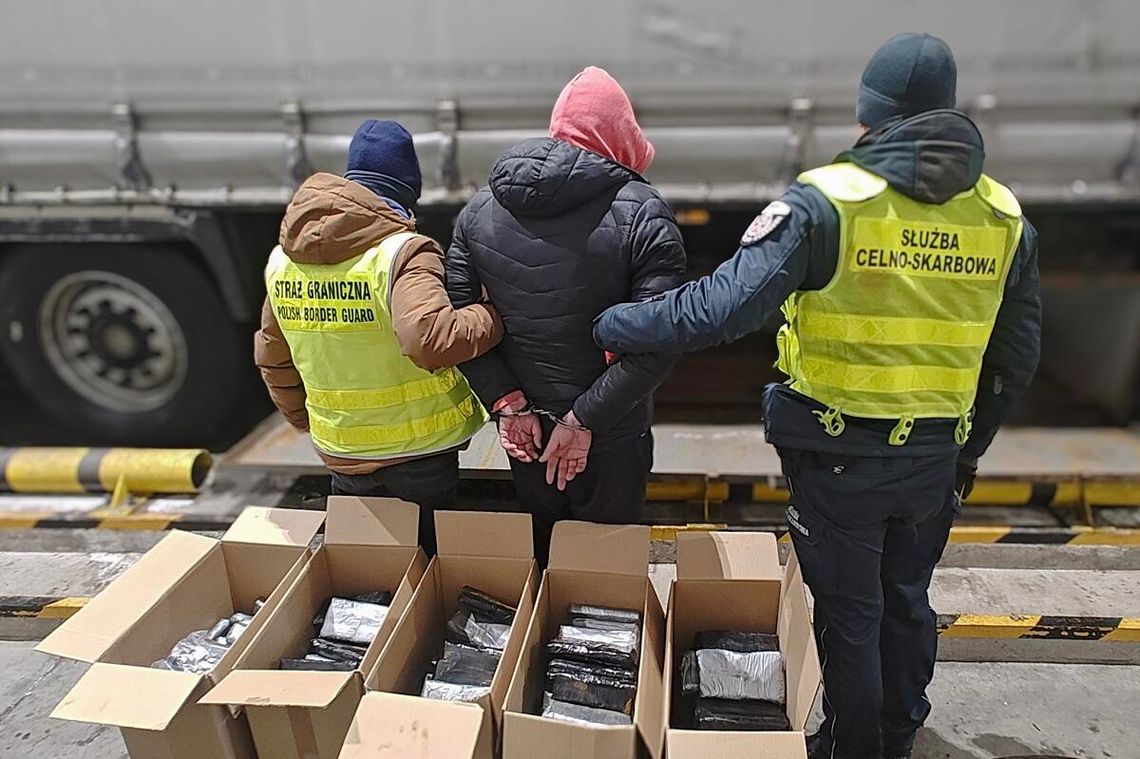 Zatrzymanie podejrzanego przez Straż Graniczną i Służbę Celno-Skarbową – zabezpieczone paczki z nielegalnym towarem przy ciężarówce