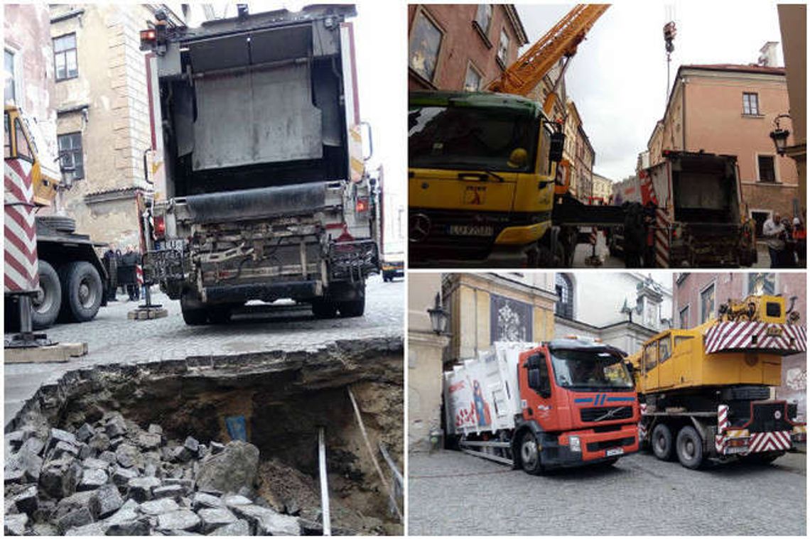 Zapadła się jezdnia na Starym Mieście. Śmieciarka wpadła w dziurę Zapadła się jezdnia na Starym Mieście. Śmieciarka wpadła w dziurę