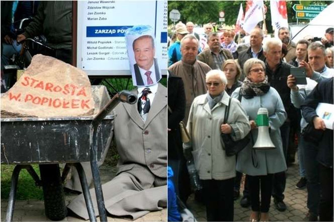 "Ze szpitala zostanie tylko kamieni kupa". Na proteście kukły członków zarządu i taczka dla starosty