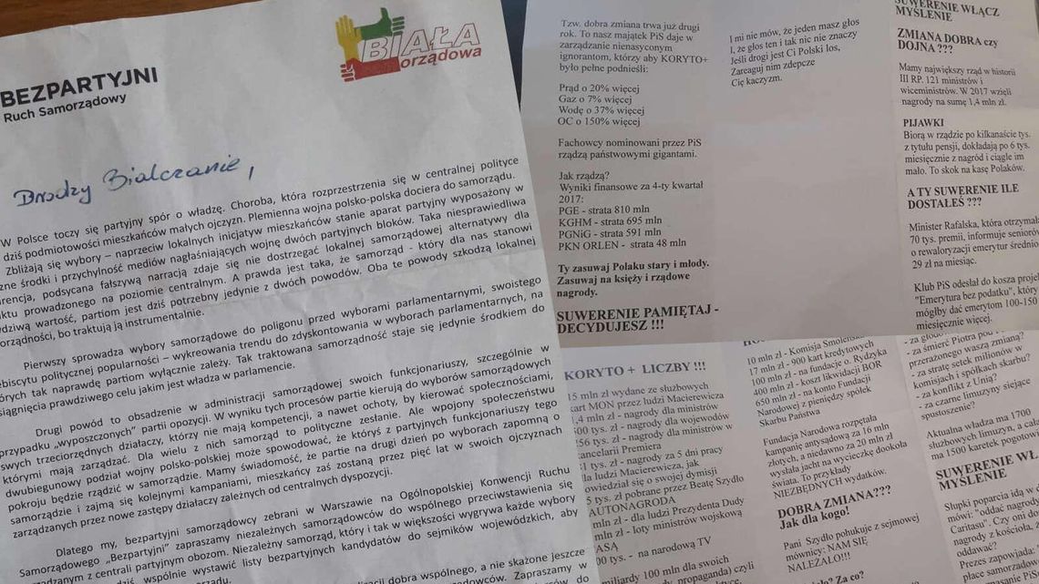 "Zmiana dobra czy dojna?". Ulotki w skrzynkach mieszkańców Białej Podlaskiej "Zmiana dobra czy dojna?". Ulotki w skrzynkach mieszkańców Białej Podlaskiej