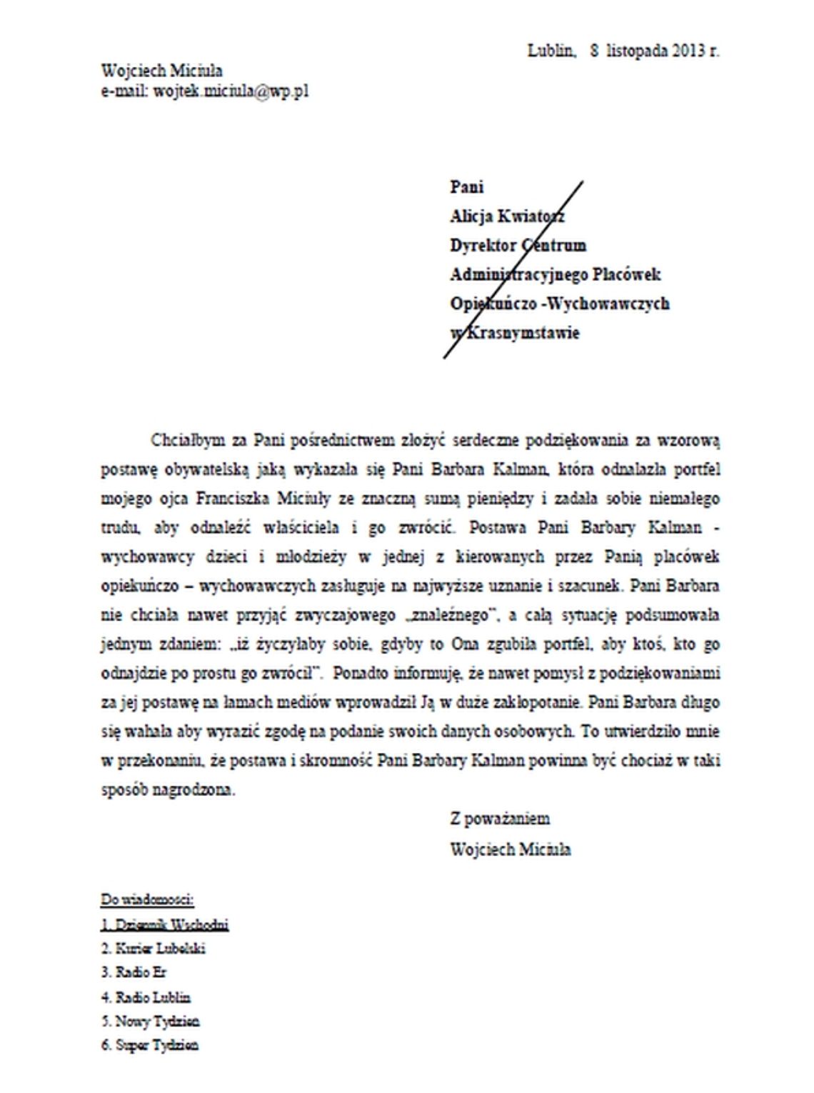 Znalazła portfel z pieniędzmi, nie chciała znaleźnego. List z podziękowaniami