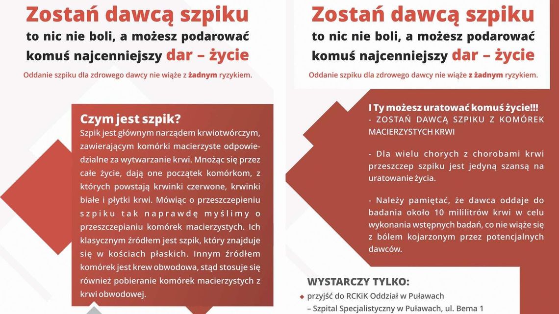 Zostań dawcą szpiku. Można się zarejestrować w RCKiK w puławskim szpitalu Zostań dawcą szpiku. Można się zarejestrować w RCKiK w puławskim szpitalu