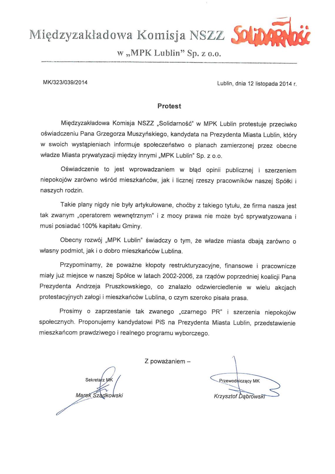 Związkowcy "Solidarności": Muszyński wprowadza w błąd opinię publiczną