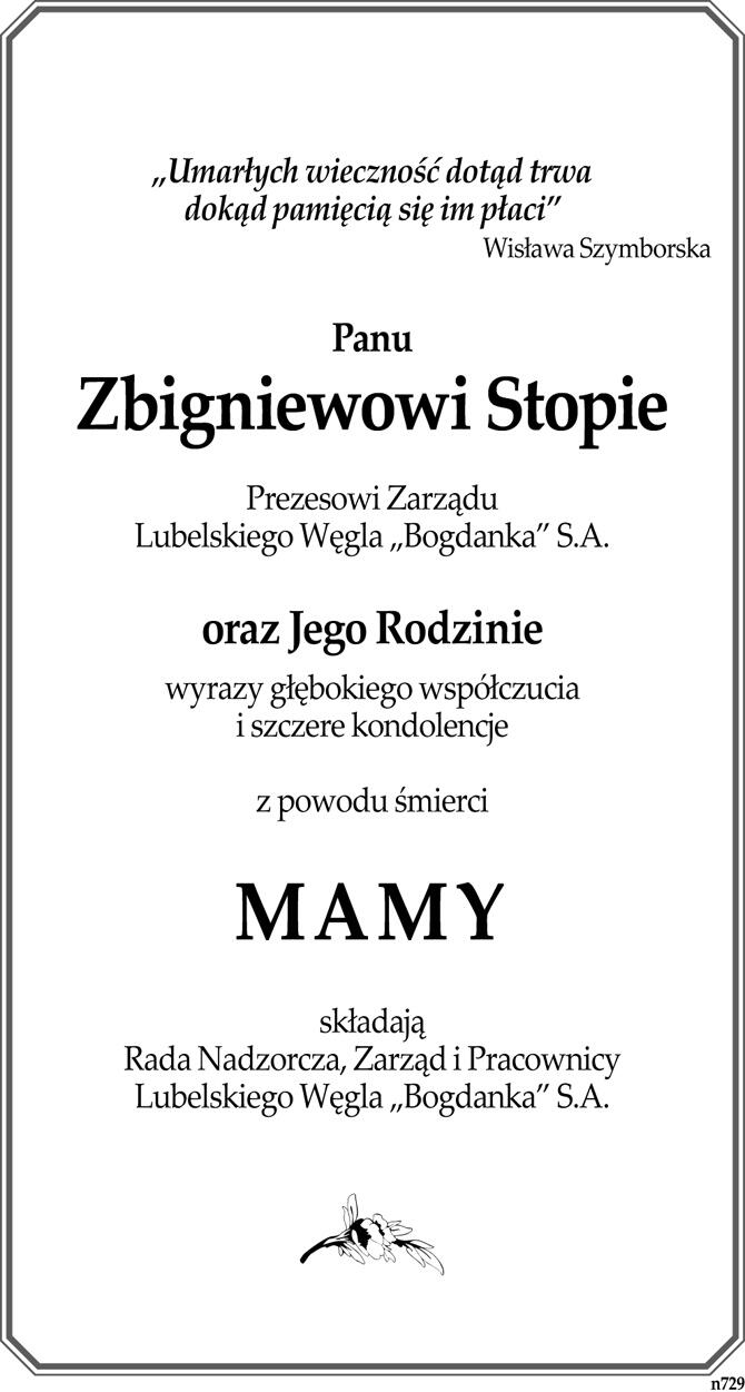 Kondolencje - Zbigniew Stopa | LW Bogdanka S.A. Kondolencje - Zbigniew Stopa | LW Bogdanka S.A.