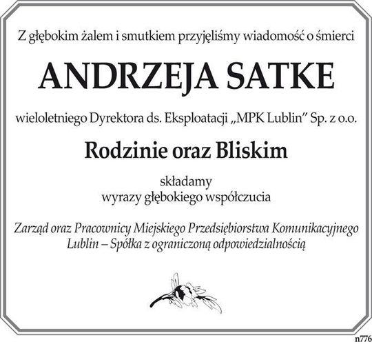 KONDOLENCJE - MPK LUBLIN Andrzej Satke