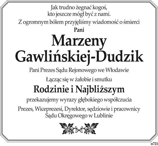 kondolencje rodzinie Marzeny Gawlińskiej