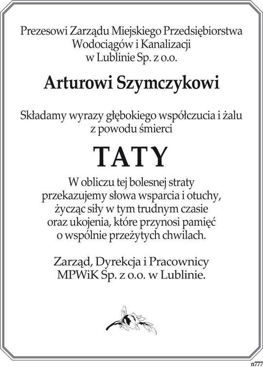 Prezesowi Zarządu Miejskiego Przedsiębiorstwa Wodociągów i Kanalizacji w Lublinie Sp. z o.o. Arturowi Szymczykowi