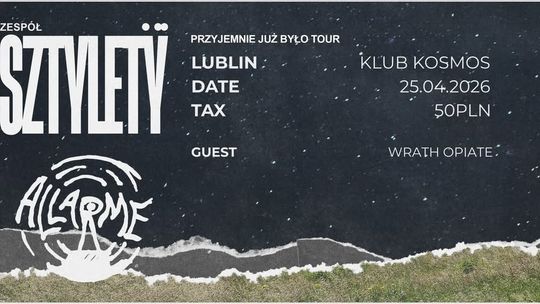 Plakat koncertu zespołu Sztylet w Lublinie – występ 25 kwietnia 2026 w Klubie Kosmos z udziałem Allarme i Wrath Opiate.