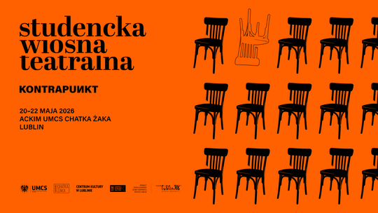 Plakat Studenckiej Wiosny Teatralnej „Kontrapunkt” – wydarzenie 20–22 maja 2026 w Chatce Żaka UMCS w Lublinie.