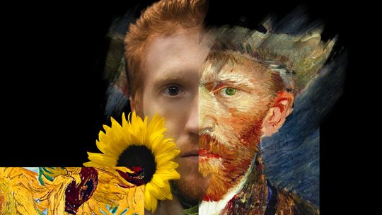 Portret inspirowany twórczością Vincenta van Gogha – pół twarzy mężczyzny zestawione z autoportretem malarza i słonecznikiem na czarnym tle.