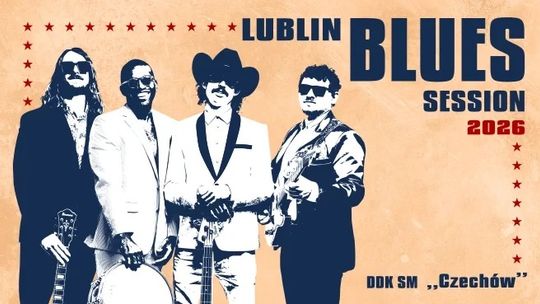 Plakat Lublin Blues Session 2026 – koncert bluesowy w DDK SM „Czechów” z wizerunkiem zespołu muzycznego.