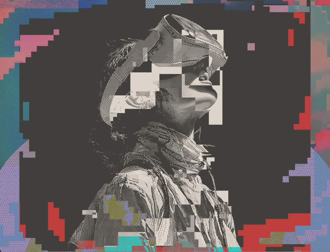 Co dziś mówi do nas sztuka? III Percepcje. Nowe Formy Sztuki 2026 Artystyczny portret kobiety z kotem w stylu glitch art, z geometrycznymi zakłóceniami i kolorowymi pikselami