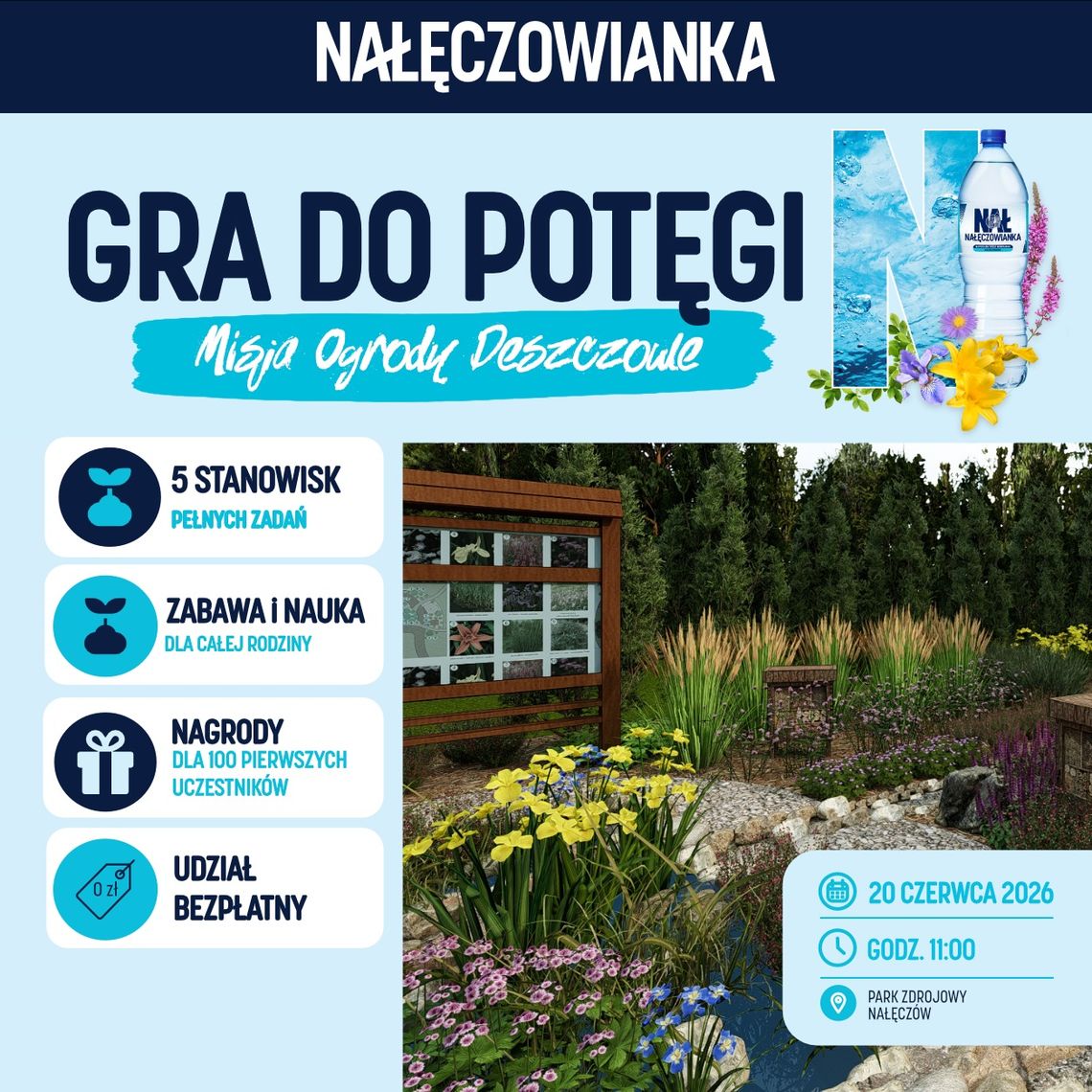 Festiwal Otwartych Ogrodów w Nałęczowie już w sobotę Plakat wydarzenia „Gra do Potęgi – Misja Ogrodu Deszczowego”. Rodzinna gra terenowa z zadaniami edukacyjnymi, nagrodami i bezpłatnym udziałem odbędzie się 20 czerwca 2026 roku.