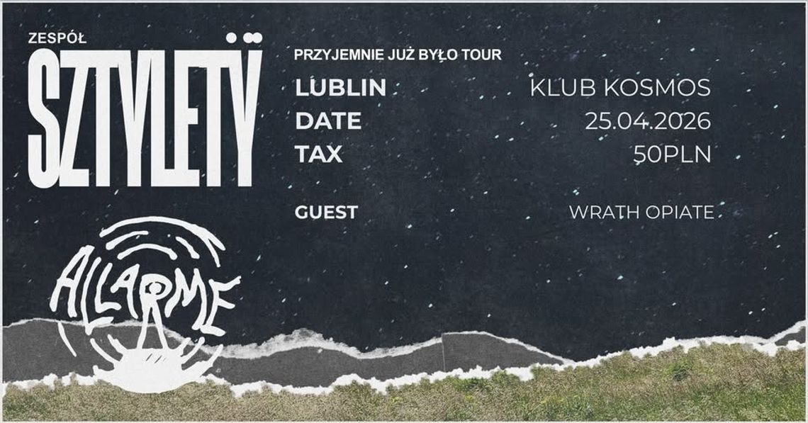 Plakat koncertu zespołu Sztylet w Lublinie – występ 25 kwietnia 2026 w Klubie Kosmos z udziałem Allarme i Wrath Opiate.