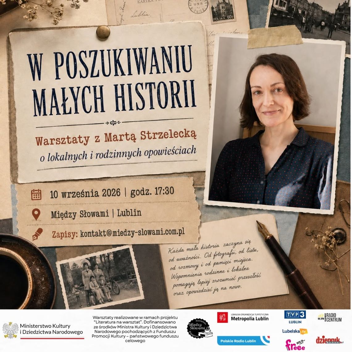 "W poszukiwaniu małych historii”. Warsztaty literackie z Martą Strzelecką w Lublinie. Plakat promujący warsztaty z Martą Strzelecką - W poszukiwaniu małych historii