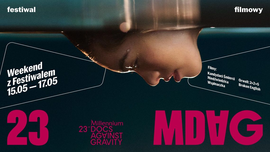 Weekend z festiwalem Millennium Docs Against Gravity w Zamościu – grafika promocyjna wydarzenia filmowego MDAG z datą 15–17 maja i listą filmów w programie