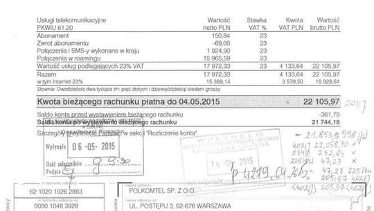 Faktura dla Urzędu Marszałkowskiego za połączenia telefoniczne