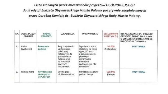 Budżet obywatelski w Puławach - pozytywnie i negatywnie zaopiniowane projekty