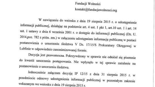 Odpowiedź prokuratury na wniosek Fundacji Wolności