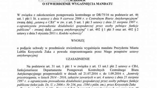 Wniosek CBA o stwierdzenie wygaśnięcia mandatu prezydenta Lublina