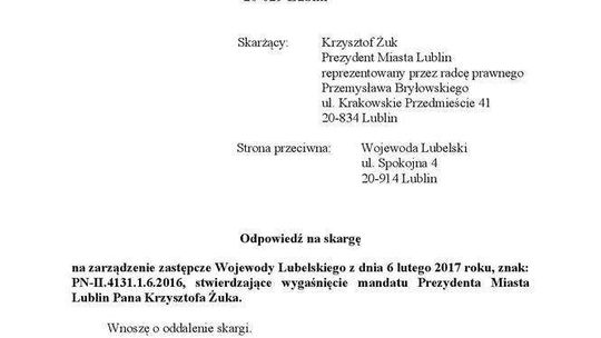 Odpowiedź wojewody lubelskiego na skargę prezydenta Lublina