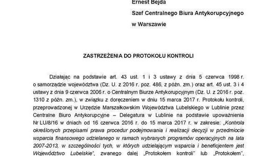 Zastrzeżenia Urzędu Marszałkowskiego do protokołu kontroli CBA