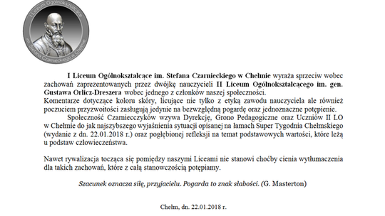 Oświadczenie Samorządu Uczniowskiego I LO w Chełmie