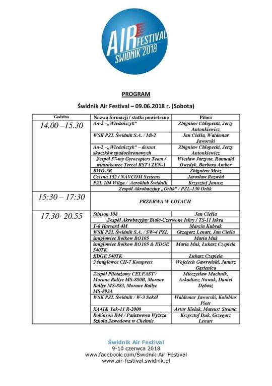 Świdnik Air Festival 2018. Pełny program