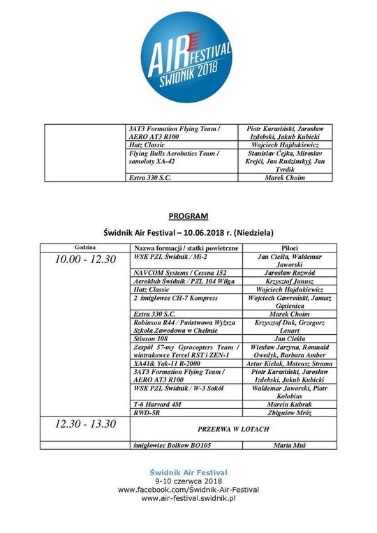 Świdnik Air Festival 2018. Pełny program