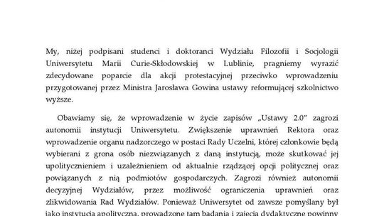 Protest w Lublinie zainicjowali studenci Wydziału Filozofii i Socjologii UMCS