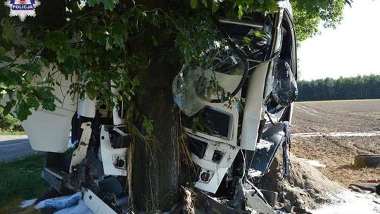 Pękła opona. Ciężarówka roztrzaskała się na drzewie