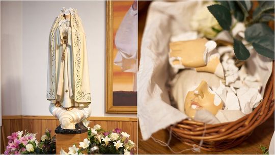 Zniszczona figura Matki Bożej Fatimskiej z kościoła na Poczekajce