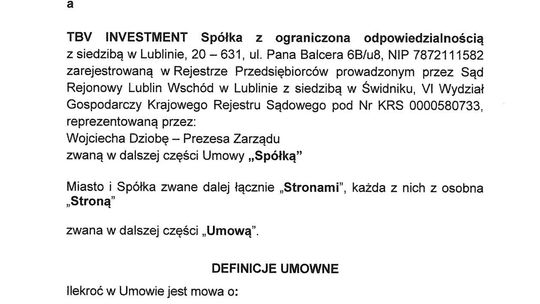 Treść umowy między Ratuszem a właścicielem górek czechowskich, spółką TBV