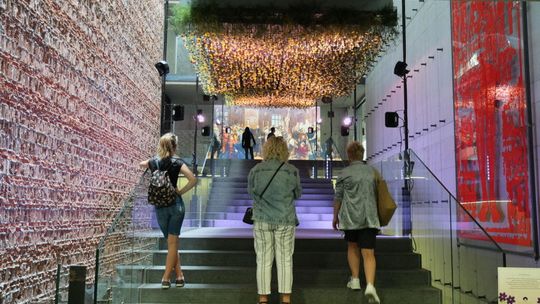 Dekoracja z goździków nad schodami w CSK