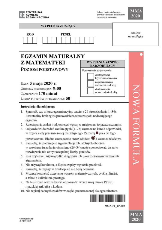 Matura 2020 matematyka podstawa. Arkusze CKE