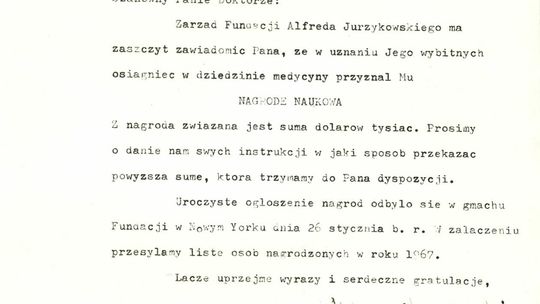 Prof. Krwawicz nagrodzony przez Fundację im. Jurzykowskiego w Nowym Jorku