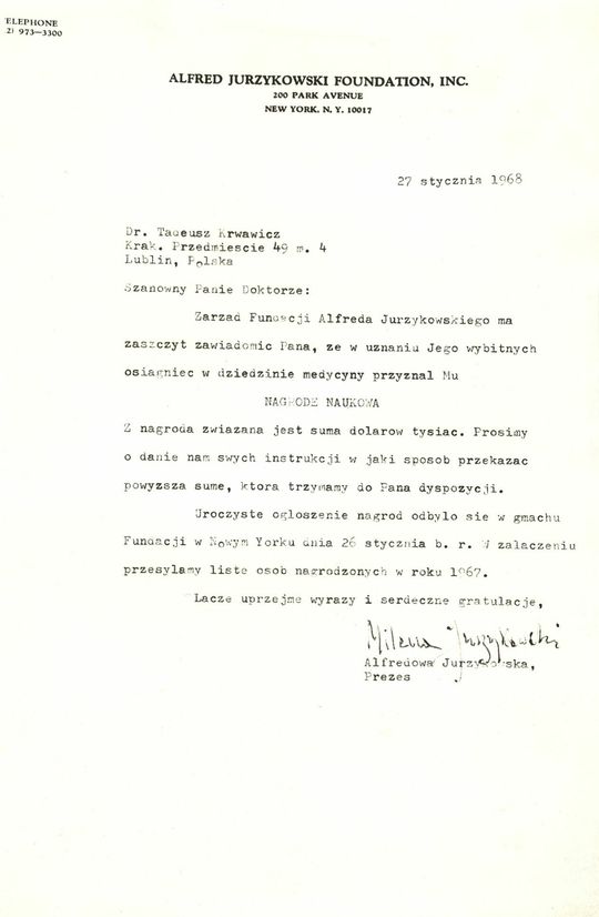 Prof. Krwawicz nagrodzony przez Fundację im. Jurzykowskiego w Nowym Jorku