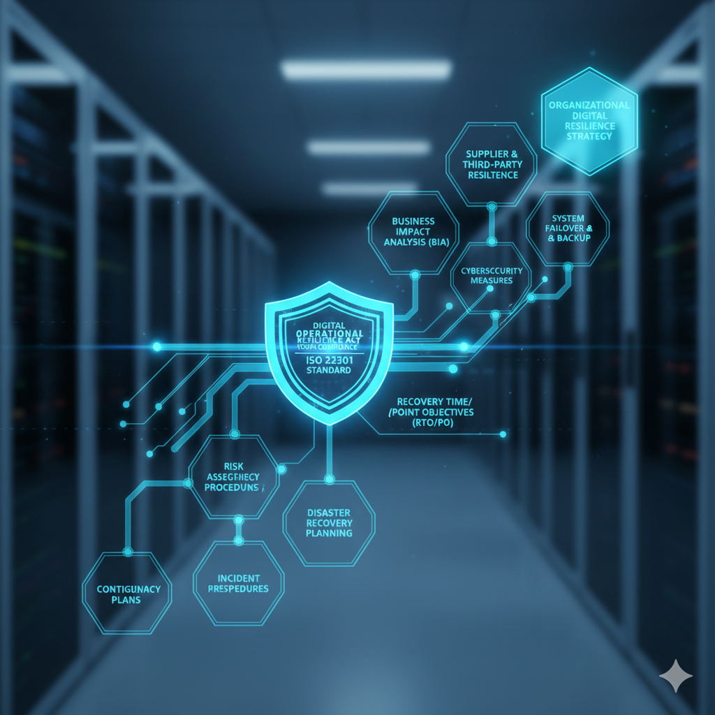 Holograficzna tarcza cyberbezpieczeństwa unosząca się w korytarzu serwerowni, otoczona ikonami procesów reprezentujących ciągłość działania i odporność cyfrową.