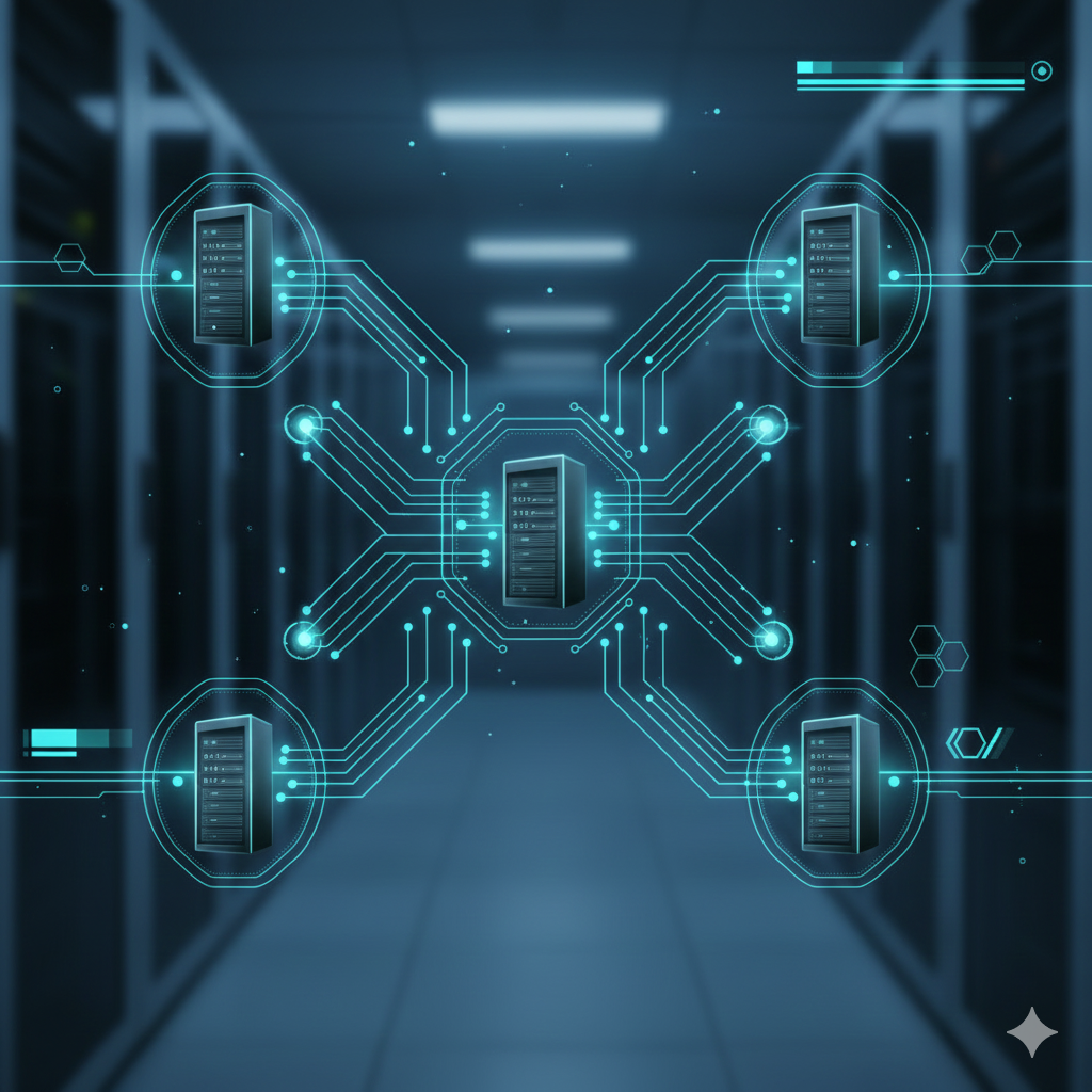 Cyfrowy schemat połączeń bezpieczeństwa sieciowego w serwerowni, z holograficznymi ikonami symbolizującymi ochronę danych i infrastrukturę odporną na awarie.
