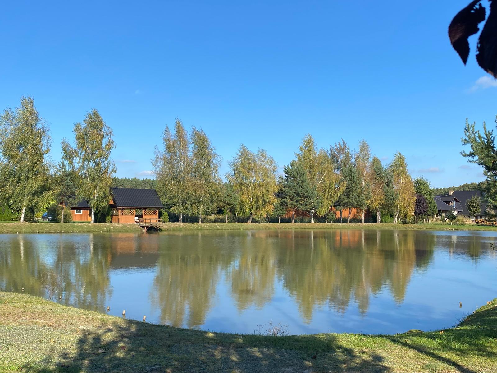 Drewniana altana nad stawem i łowisko dla wędkarzy – cisza i spokój w sercu Doliny Baryczy.