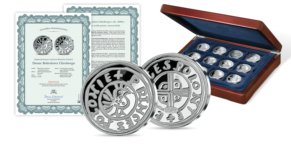 Srebrne monety kolekcjonerskie wraz z certyfikatem autentyczności jako przykłady wyrobów menniczych produkowanych przez renomowane mennice.
