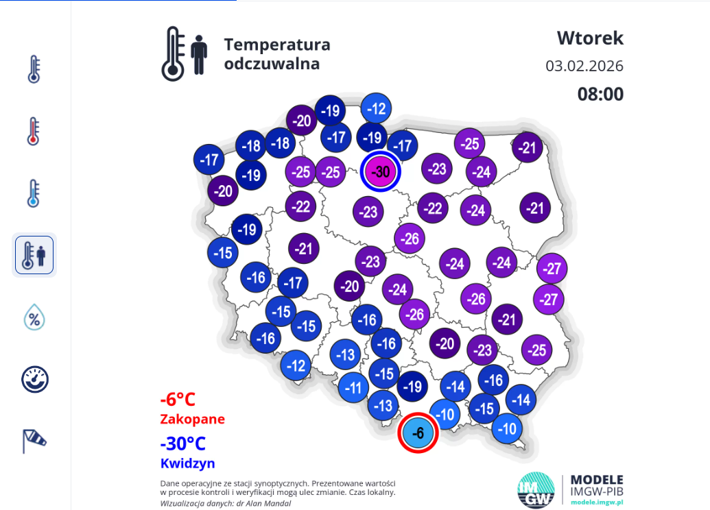 Mapa Polski prezentująca temperaturę odczuwalną na terenie kraju