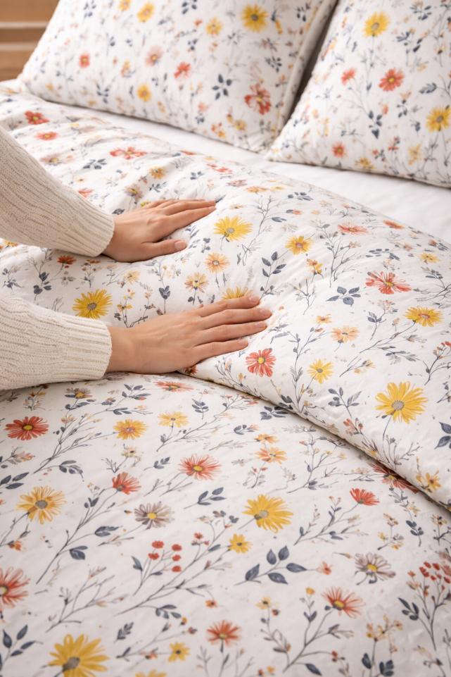 Ręce układające pościel na łóżku