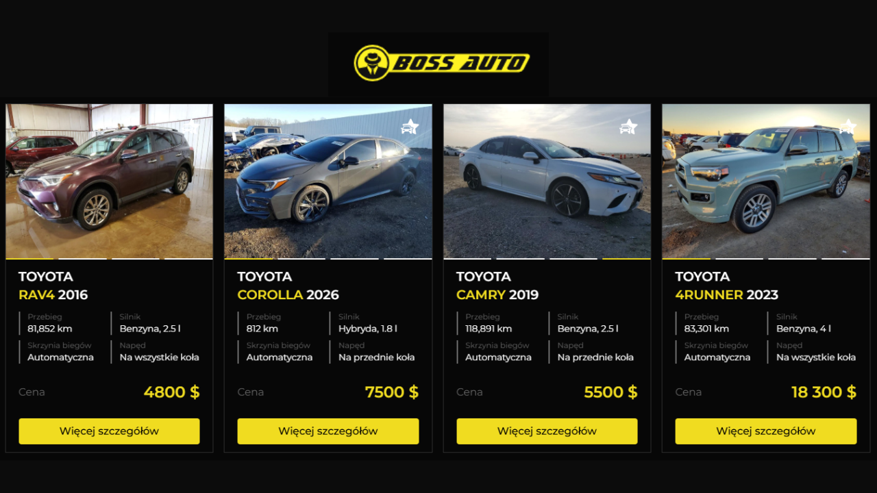 Przykładowa oferta platformy Boss Auto prezentująca samochody z USA. Na zrzucie ekranu widoczne są cztery modele marki Toyota: RAV4 (2016), Corolla (2026), Camry (2019) oraz 4Runner (2023) wraz z ich specyfikacją, przebiegiem i cenami w dolarach, co ilustruje koszty zakupu na amerykańskich aukcjach.